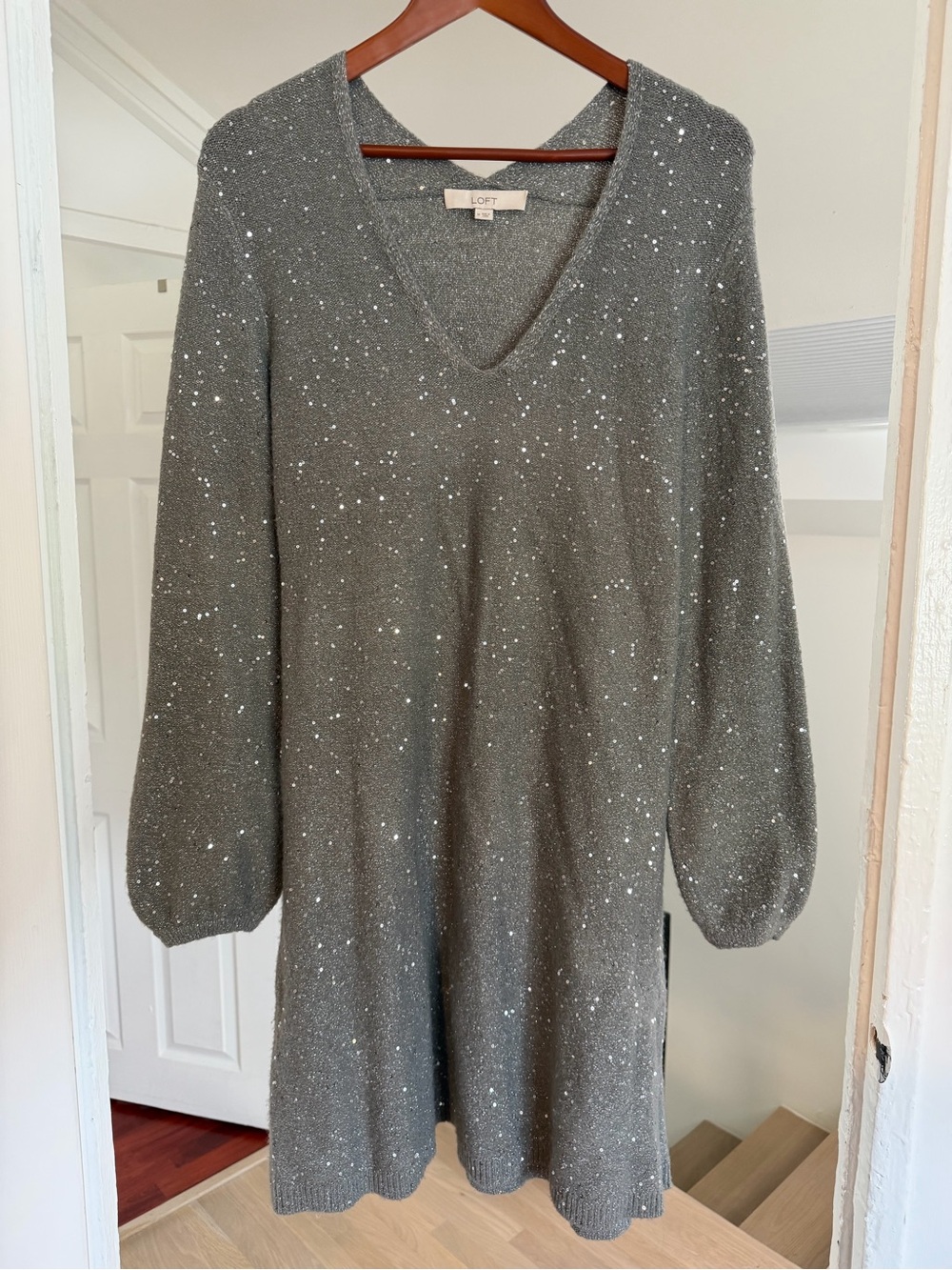LOFT Gray Sequin V-Neck Sweater Dress